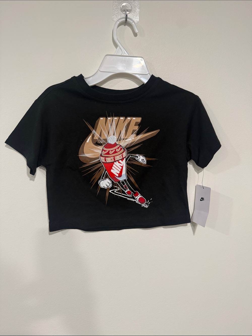 Nike Black Cropped Tee with Gold & Red Graphic